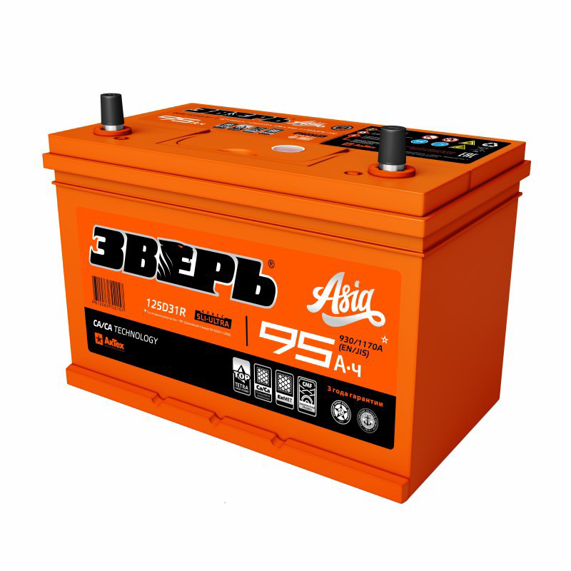 Батарея аккумуляторная ЗВЕРЬ ASIA 95А/ч 930А 12V Обратная полярн. стандартные клеммы
