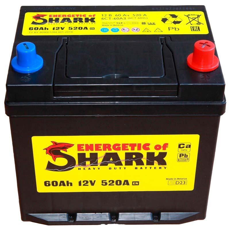 Батарея аккумуляторная ENERGETIC of SHARK ESA603R 60А/ч 520А обратная полярн. выносные (Азия) клеммы