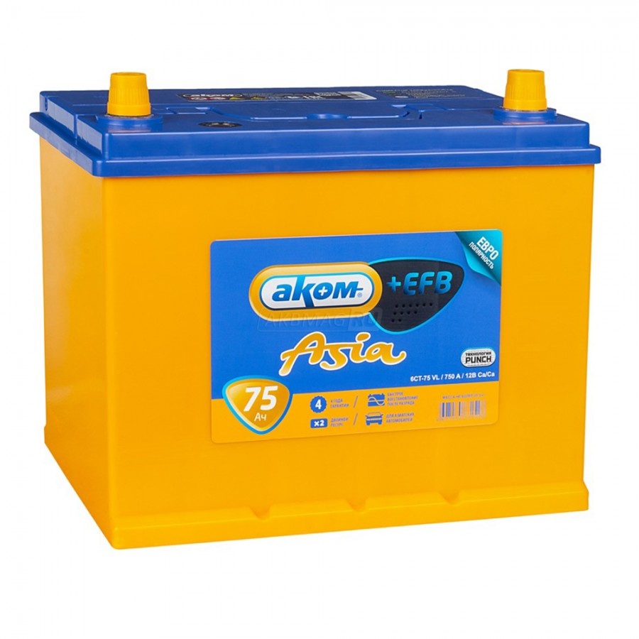 Батарея аккумуляторная АКОМ 6СТ75 75А/ч 630А прямая полярн. тонкие вынос. (Азия) клеммы