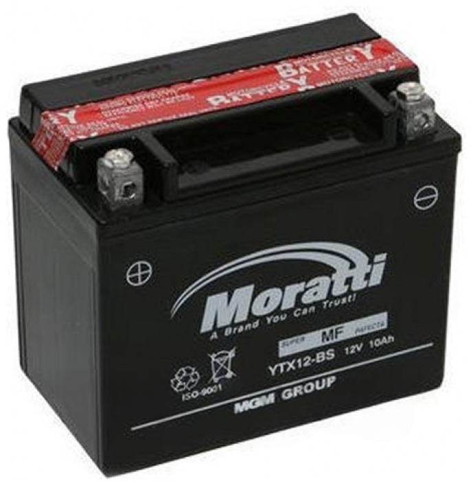Батарея аккумуляторная MORATTI YTX12BS 12А/ч 120А прямая полярн. болтовые мото клеммы
