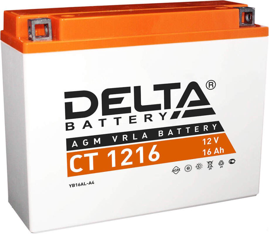 Батарея аккумуляторная DELTA battery CT1216 мото AGM 16А/ч 200А 12V Обратная полярн. болтовые мото клеммы
